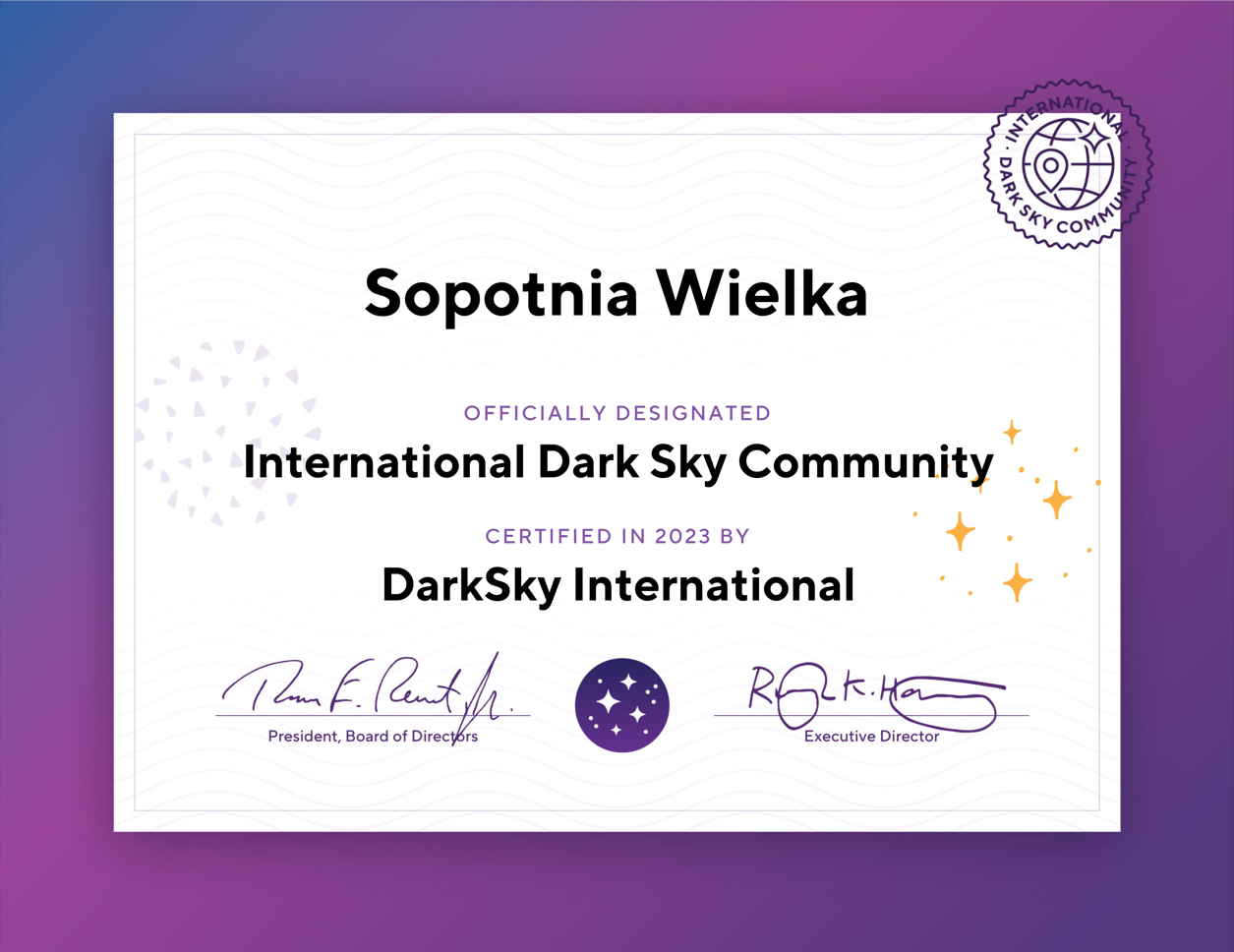 Certyfikat IDSC nadany przez DarkSky z USA.